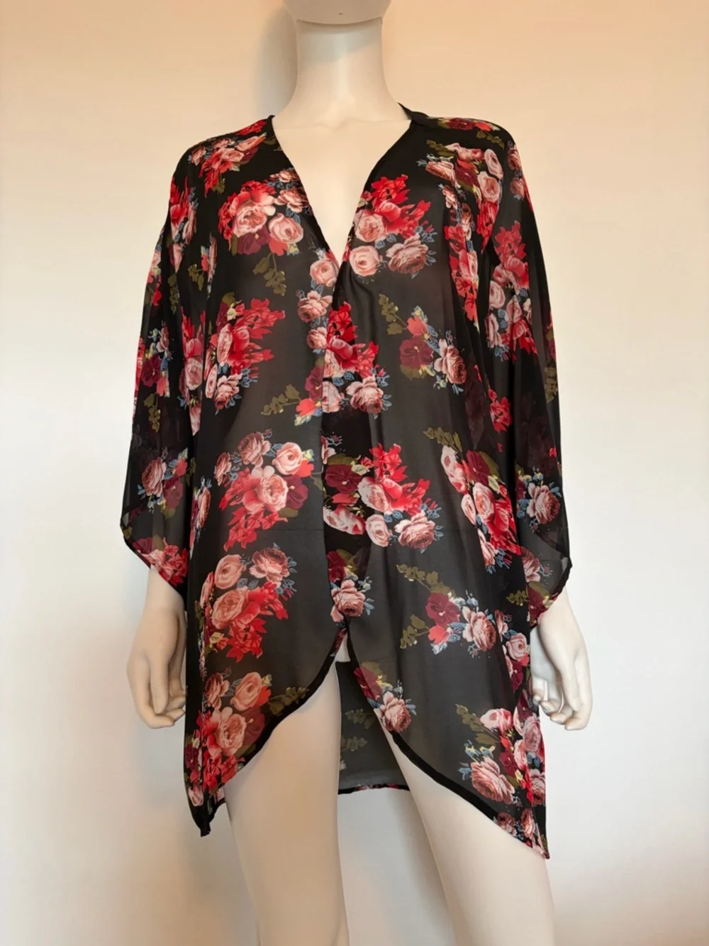 #658 Women's Floral Sheer Kimono Cardigan - Black with Red & Pink Roses - Picture 1 of 8